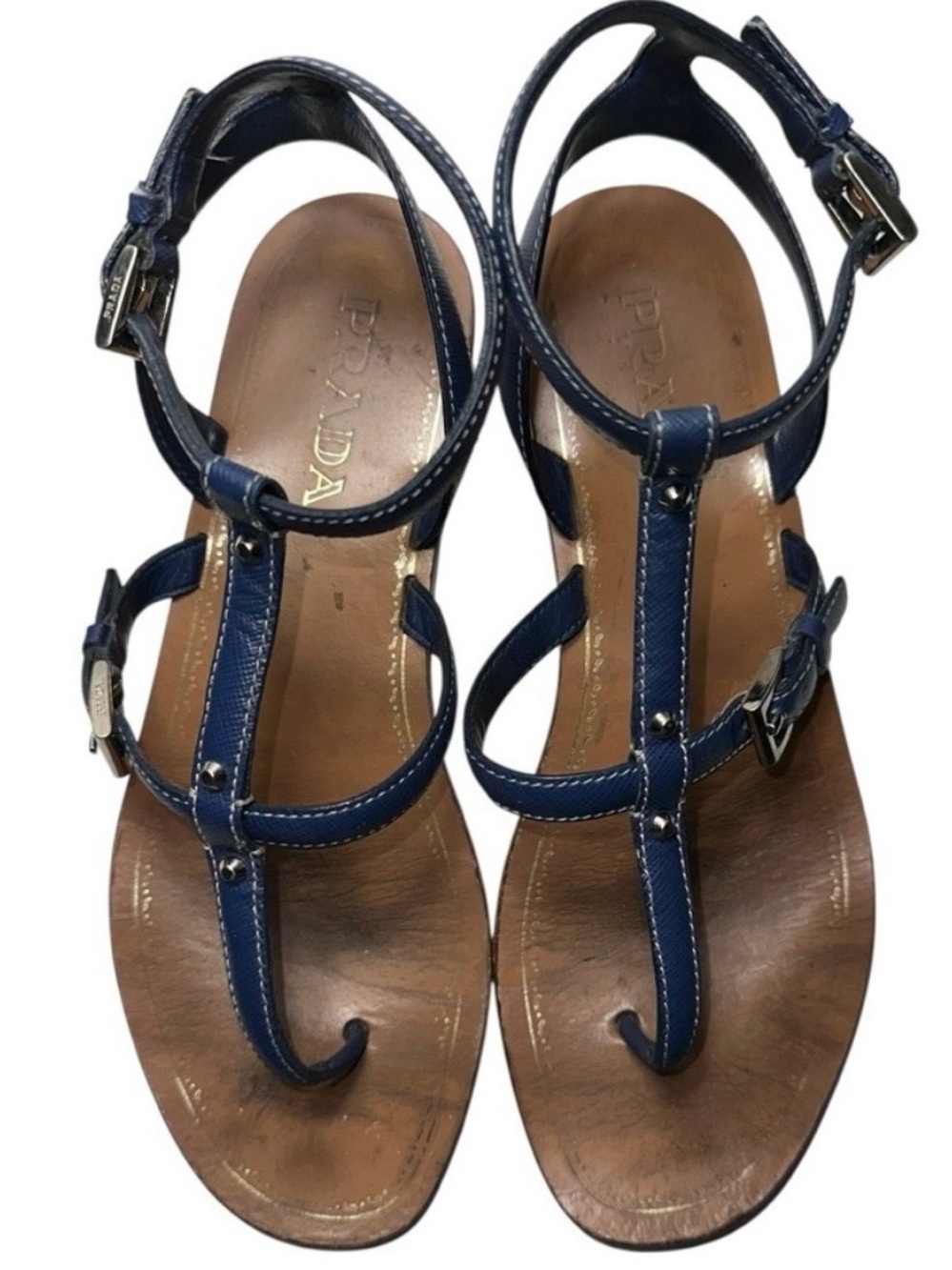 Prada Navy Leather T-Strap Sandals - Women's 37 / 7